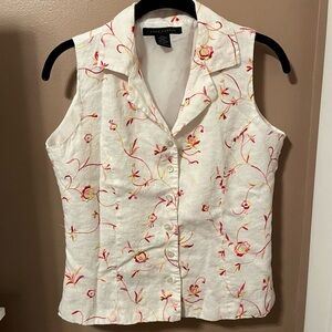 Vintage 90s Y2K Anne Carson Linen White Floral Embroidered Button-Up Vest Top